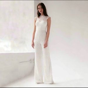 NWT ML Monique Lhuillier Cap Sleeve Lace Jumpsuit